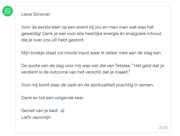 WhatsApp reactie van een deelnemer
